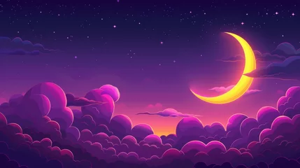 Foto op Plexiglas Skyscape of fluffy anime-style clouds, yellow luna, and stars in a purple gradient gradient sky with pink haze and curve-shaped haze. © Mark