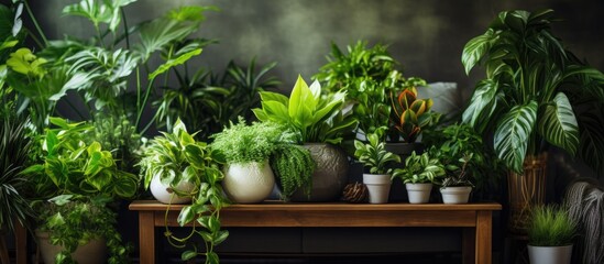 A variety of houseplants, including flowers, shrubs, and trees, are displayed in flowerpots on a wooden table, creating a picturesque landscape indoors