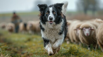 Fototapeta premium a cute border collie dog herding a flock of sheeps