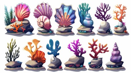 A collection of cartoon modern illustrations showing the evolution of underwater seashells on stones with coral and algae. Marine or aquarium horned clams. Sea shell and vessel game level rank UI - obrazy, fototapety, plakaty
