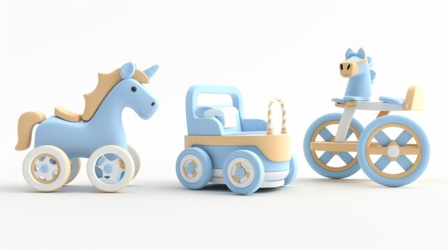 A 3D render of a rocking horse with a tricycle. Shot of a kid riding a wheel bike and playing with an animal swing. Set of isolated plastic png images for a playground activity.