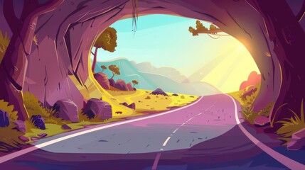 Serpentine road over cliffs in mountains opens up into a tunnel flooded with sunlight. Cartoon summer modern landscape with asphalt highway in rocky hills. Countryside scenery with a freeway.