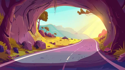 Poster Serpentine road over cliffs in mountains opens up into a tunnel flooded with sunlight. Cartoon summer modern landscape with asphalt highway in rocky hills. Countryside scenery with a freeway. © Mark