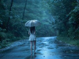 Young woman with umbrella in the rain. Blurred background.