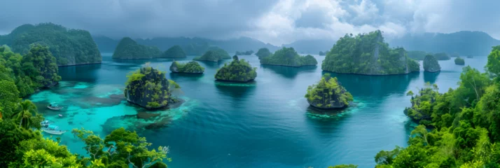Fotobehang A view of limestone islets covered in vegetation, Ha long bay vietnam limestone formations jetting out of the green water unesco world heritage site © marchsing