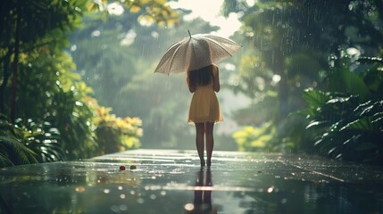 Little girl with umbrella in the rain. Rainy day concept.