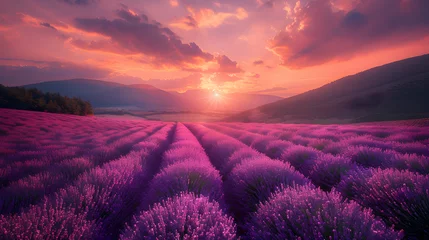 Rolgordijnen Sunset over a picturesque lavender field in the countryside, creating a serene and romantic atmosphere. © NE97
