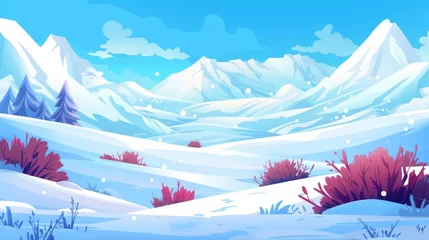 Deurstickers This cartoon modern panoramic cold and frozen landscape with field near hills, blue sky with clouds features bushes and trees on a meadow in foothills of high mountains covered in snow. © Mark