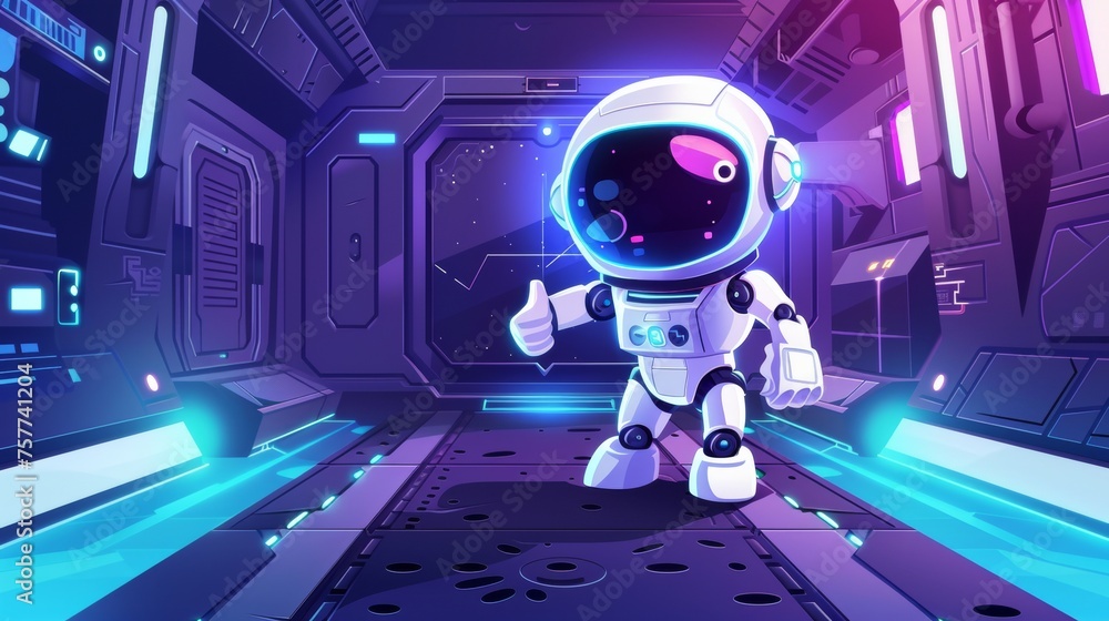 Aufkleber an astronaut robot pointing to the ceiling with a thumbs-up standing in a spaceship hall interior. c