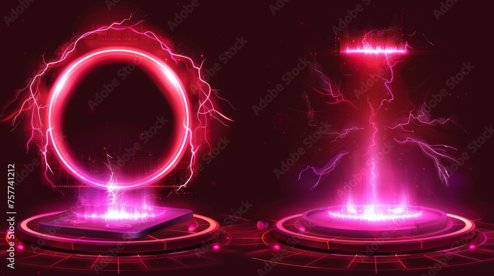 Poster game portal with red neon lights and flashing effect in realistic modern illustration set. magic tel