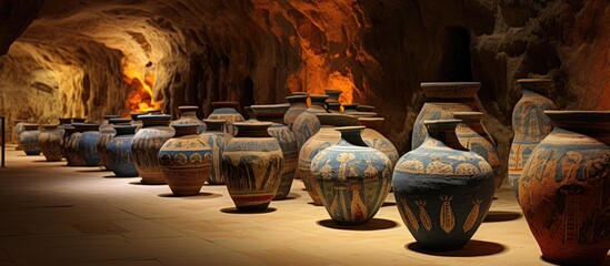 A row of ancient vases are displayed in a cave, creating a captivating still life scene. The artwork captures the beauty of these artifacts in the warm glow of the caves ambient lighting