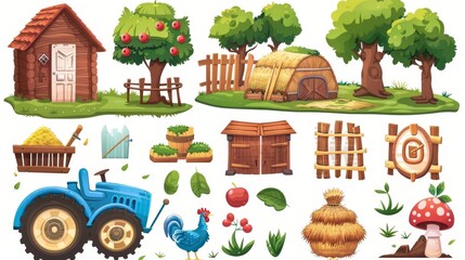 Modern cartoon illustration of blue tractor, wooden barn house, chicken coop, haystack and apple tree, funny hen, village garden assets isolated on white background. - obrazy, fototapety, plakaty