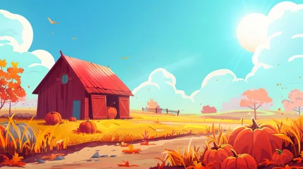Gartenposter Agricultural scene with red wooden barn and pumpkin harvest under blue sky with bright sun and clouds. Modern rural farm scenery with house and vegetables. © Mark