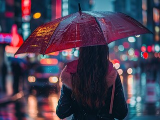Girl with red umbrella in the rain in New York City at night
