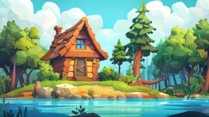 Fototapeten Fairytale cottage with wooden door and windows standing on a lodge in a forest on the shore of a lake. Cartoon summer landscape with little wooden huts for camping or country recreation. © Mark