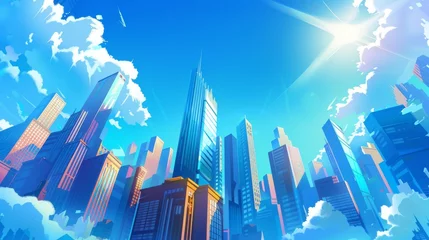 Poster Urban town street landscape with high rise architecture in the city downtown on a sunny day under a blue sky. Modern illustration of cityscape with high rise architecture on skyline. © Mark