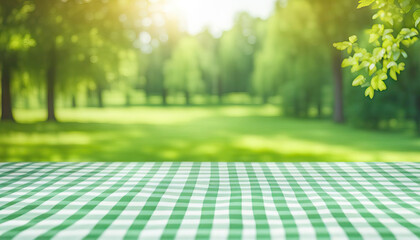 Summer nature backdrop with copy space on picnic table - obrazy, fototapety, plakaty