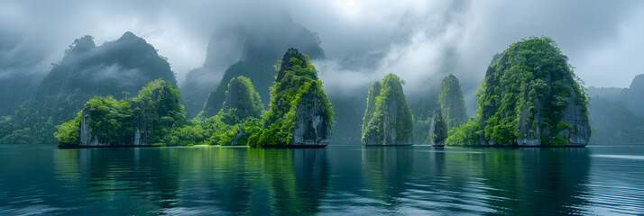 A view of limestone islets covered in vegetation,
The bay of halong bay is a popular tourist destination
 - obrazy, fototapety, plakaty