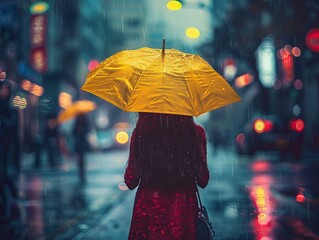 Woman with yellow umbrella in rainy day. Rainy weather concept