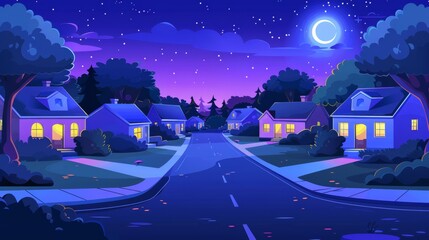 Dark suburban landscape with houses in row, trees and yards, roads, and driveways in the night under moonlight. Cartoon modern town scene with modern neighborhood cottages.