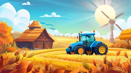 Fototapeten Modern illustration of yellow wheat in an autumn field. Design of an agriculture business banner with a blue tractor and a wooden barn house. © Mark