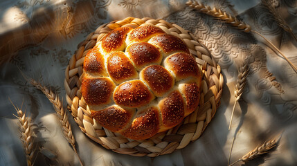 Loaf of round braided bread on a rustic plate