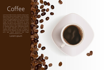 Obraz premium Advertising poster cup of coffee with coffee beans. Vector illustration. Sketch for creativity.