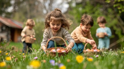 Fototapeta premium cheerful young kids with baskets searching for easter eggs in a garden