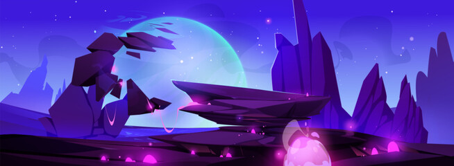 Alien planet landscape. Vector cartoon illustration of space adventure game background with rocky stone terrain, neon pink liquid substance glowing in dark crater, night sky with many stars and moon © klyaksun