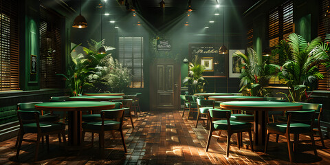 Traditional Irish pub decorated for St. Patrick's Day ,Stylish cafe interior with green plants and natural light - obrazy, fototapety, plakaty
