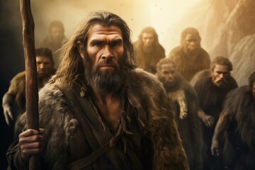 An adult Neanderthal man leading a hunting expedition, his leadership and skill guiding the group to success. - obrazy, fototapety, plakaty