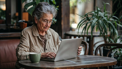 A professional older Asian woman with a laptop in a modern cafe. Concept of showcasing active elderly engagement with technology and neural networks for work and social connectivity.