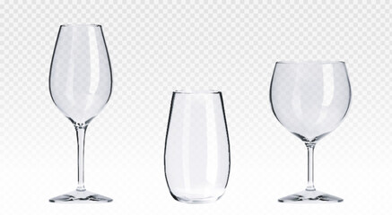 Transparent cocktail glass mockup for alcohol long drinks. Realistic vector illustration set of bar and restaurant shiny glassware for beverages. Clean empty kitchen crockery and cafe tableware.