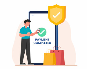 Men use mobile cashless payment system or scan qr code for online shopping contactless pay vector illustration