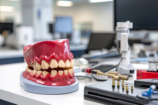 
Photo close up of a full upper jaw denture placed on a table in a laboratory, next to a microscope and other tools for dental prosthetics.