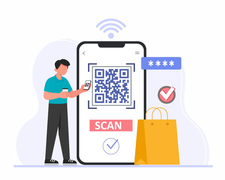 Men use mobile cashless payment system or scan qr code for online shopping digital banking service and application for contactless pay vector illustration