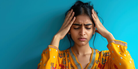 Indian woan suffer from stress or a headache grimacing in pain. Young adult woman holding hands near head while suffering from painful headache migraine on studio blue background. Copy paste - obrazy, fototapety, plakaty
