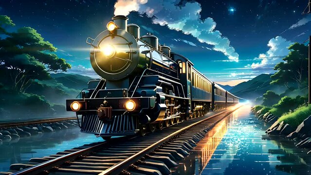 Steam Train Chugging Through the Darkness. Seamless looping time-lapse 4k video animation background