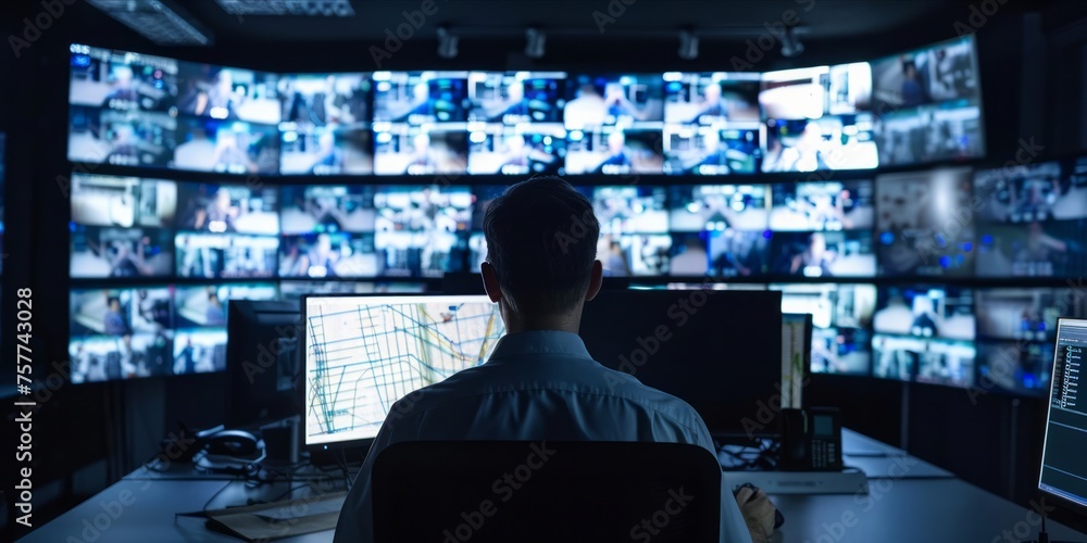 Poster security professional monitoring multiple surveillance screens in a dark control room.