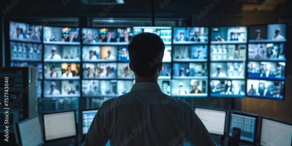 Poster security professional monitoring multiple surveillance screens in a dark control room.