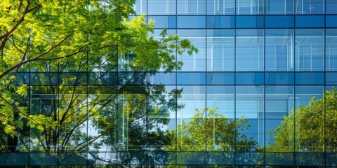Reflection of trees on the glass facade of a modern building.