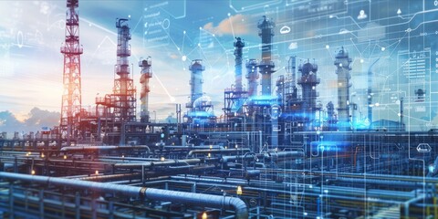 Fototapeta premium Industrial chemical plant with futuristic data analytics visualization.
