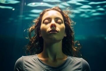 A young girl submerged underwater, her eyes closed in peaceful meditation as she practices breath-hold diving. She is a freediving instructor from Greece, teaching her students the art o