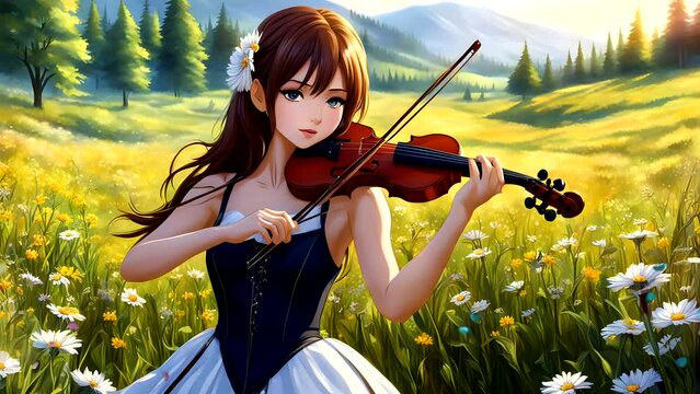 Anime style, woman playing violin in the meadow. Seamless looping time-lapse 4k video animation background