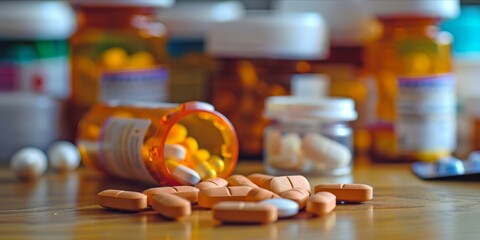 Spilled pills from a bottle with various other medications in the background.