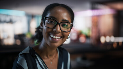 Portrait of Successful Black Businesswoman Using Desktop Computer, Analysing Data, Thinking and...