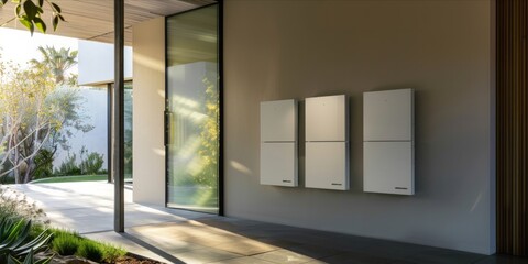 Wall mounted home battery storage units in a modern home.