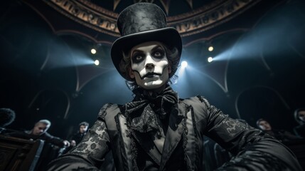 Close-Up Fish-Eye of an Actor in Gothic Attire on a  Theater Stage - obrazy, fototapety, plakaty