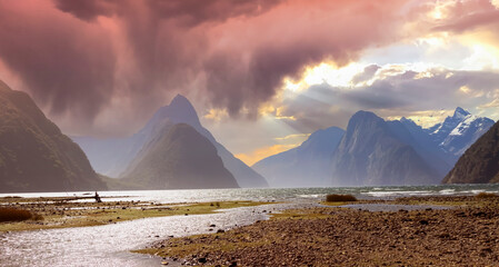 The sunbeam view with Mitre Peak, Milford Sound, New Zealand ,Fiordland national park