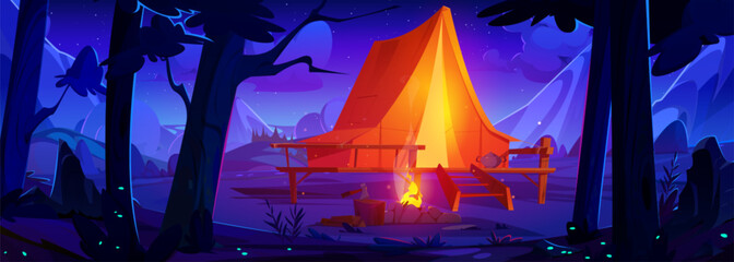 Camping area with tent on wooden patio with bright light inside and flame in campfire in forest near mountains at night. Cartoon vector summer landscape for outdoor countryside adventure concept. - obrazy, fototapety, plakaty